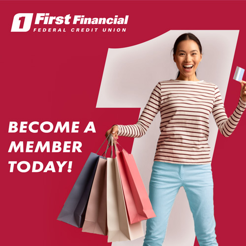 woman holding shopping bags. Text says "become a member today!"